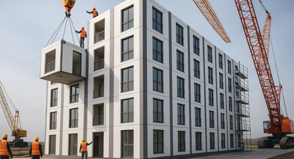 A high-rise 10-storey modular apartment building under construction, with cranes lifting prefabricated sections into place against a clear sky, symbolizing rapid and innovative building technology.
