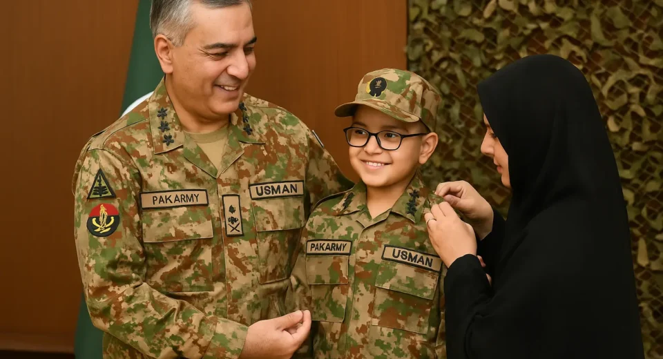 A Pakistan Army officer presents a military cap to a young boy in uniform during a ceremonial event, symbolizing the fulfillment of the child’s dream and a heartfelt gesture of kindness and honor.