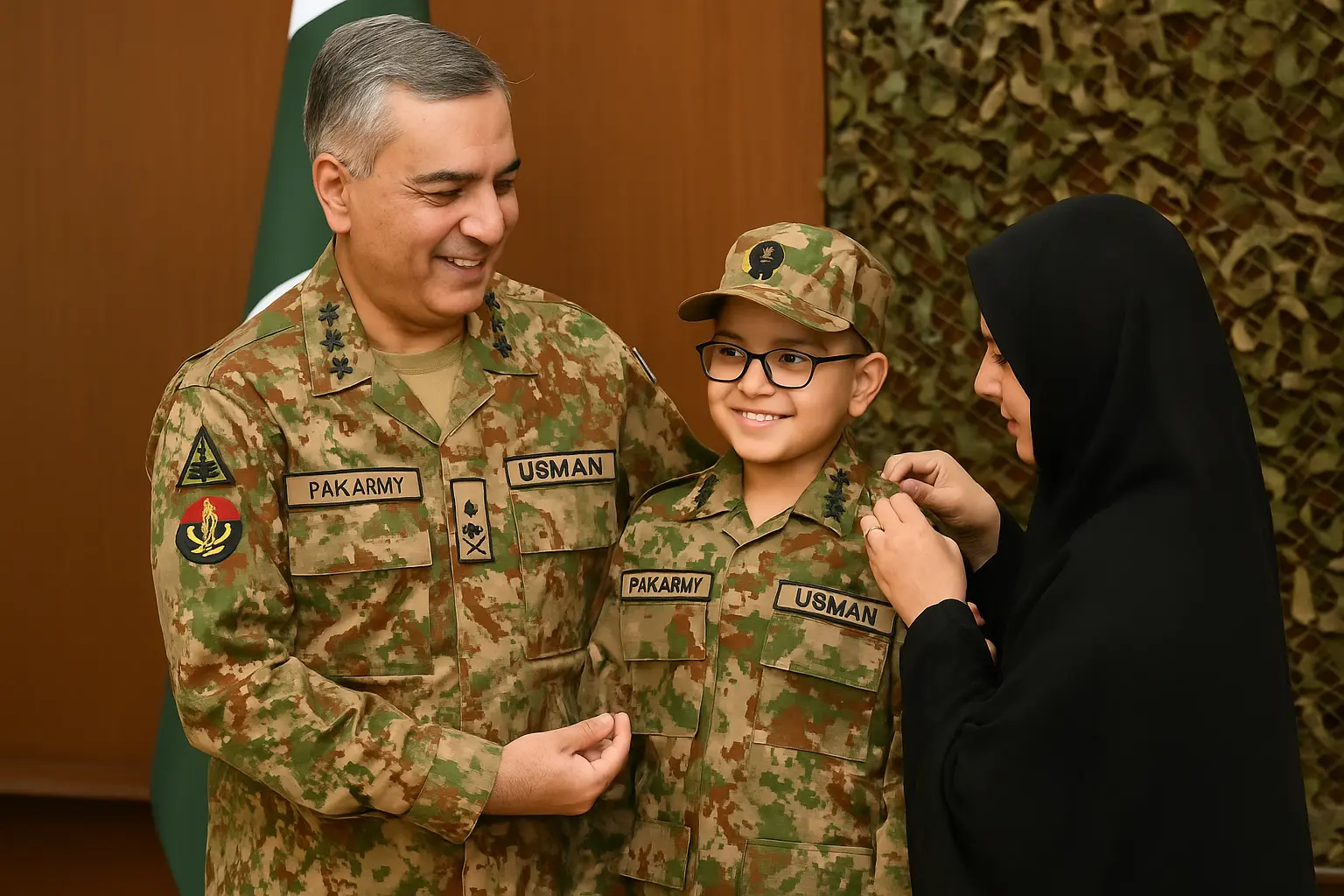 A Pakistan Army officer presents a military cap to a young boy in uniform during a ceremonial event, symbolizing the fulfillment of the child’s dream and a heartfelt gesture of kindness and honor.