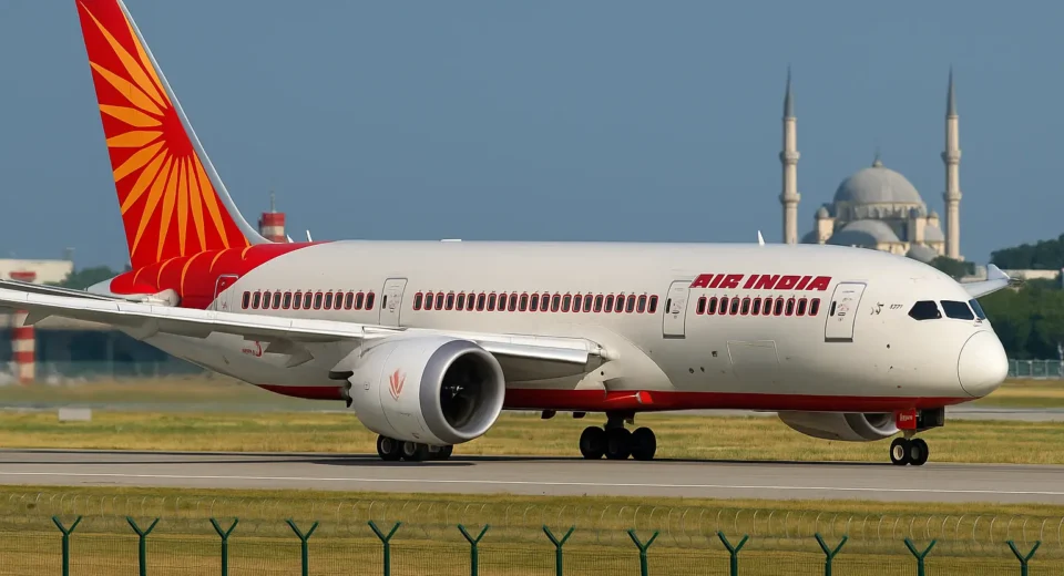 A high-resolution digital photograph captures an Air India Boeing 787-8 Dreamliner taxiing on the runway under a clear blue sky. The aircraft features its signature red and orange livery, with a mosque featuring domes and twin minarets visible in the background, symbolizing the geopolitical context of restricted airspace between India and Pakistan.