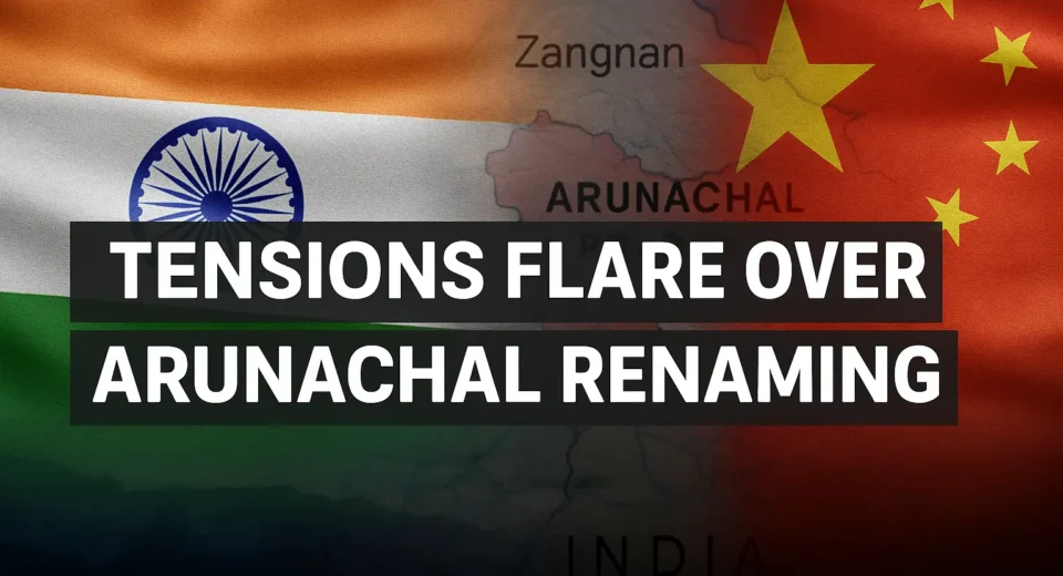 A digital news-style graphic shows a satellite map of Arunachal Pradesh with stylized overlays, highlighting territorial borders and markers. The visual includes landscape features like rivers and mountains, reflecting the geopolitical tensions between India and China over the region's disputed naming and control.