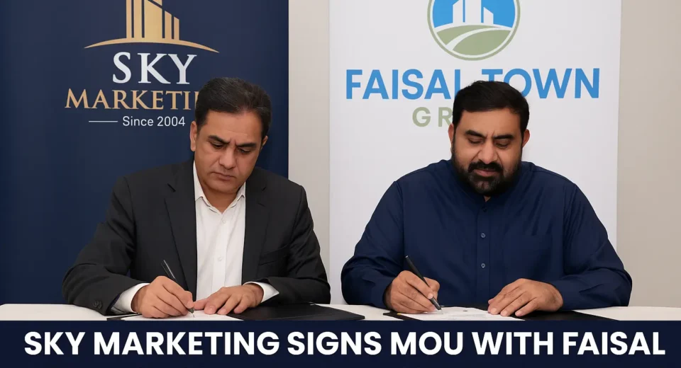 Executives from Sky Marketing and Faisal Town Group shake hands during a formal MOU signing ceremony, with architectural renderings of modern villas displayed in the background.