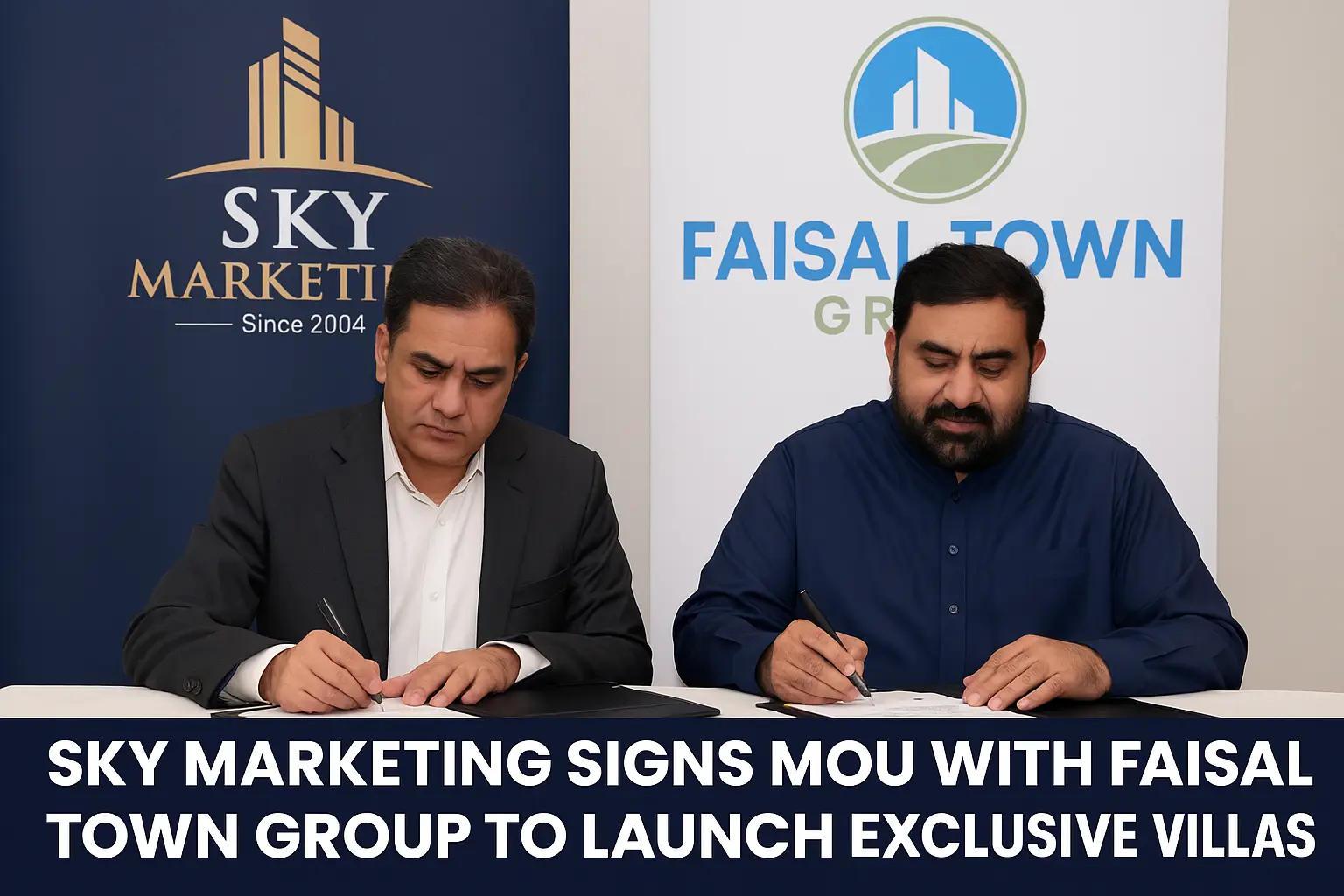 Executives from Sky Marketing and Faisal Town Group shake hands during a formal MOU signing ceremony, with architectural renderings of modern villas displayed in the background.
