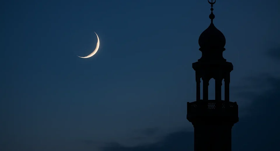 A crescent moon glowing in the twilight sky above a calm horizon, symbolizing the beginning of Zilhaj and the upcoming Eid ul Adha 2025 in Pakistan.