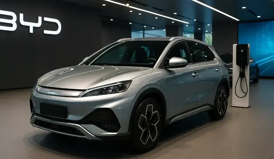 A high-resolution photograph of electric vehicles displayed at a BYD showroom, representing clean energy and green automotive technology in Pakistan