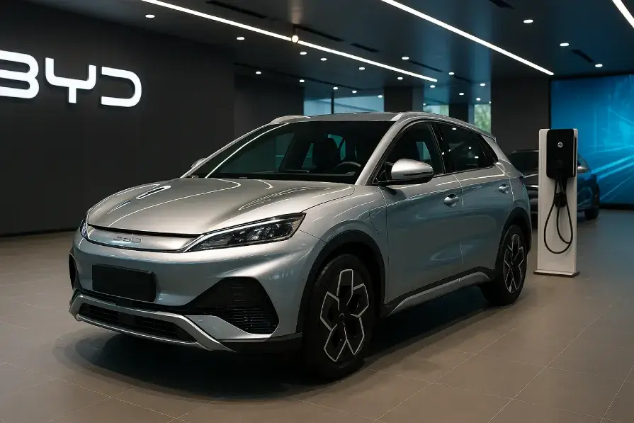 A high-resolution photograph of electric vehicles displayed at a BYD showroom, representing clean energy and green automotive technology in Pakistan