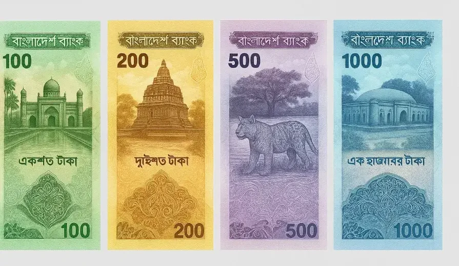 New Bangladesh banknotes featuring cultural landmarks and natural scenery, symbolizing a shift from political figures to national heritage in currency design.