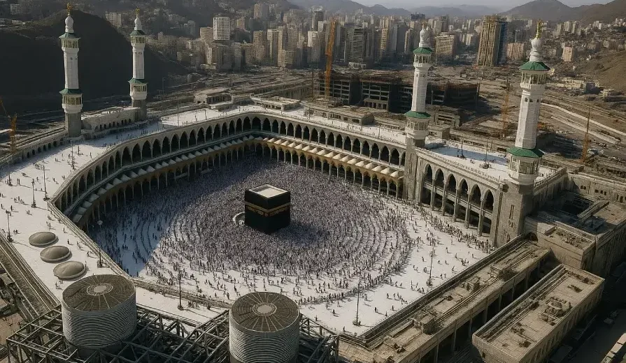 A high-resolution aerial photograph showing the Grand Mosque in Makkah equipped with advanced cooling infrastructure, taken during Hajj season 1446