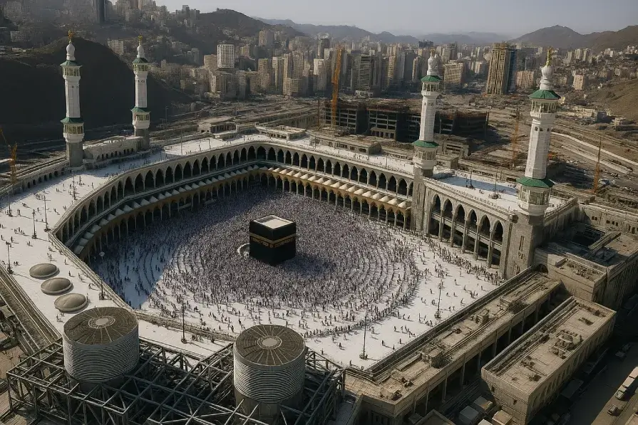 A high-resolution aerial photograph showing the Grand Mosque in Makkah equipped with advanced cooling infrastructure, taken during Hajj season 1446