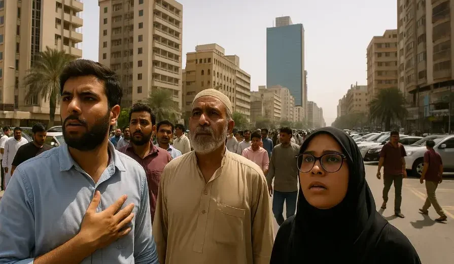 A high-resolution photograph showing Karachi residents evacuating buildings after mild earthquake tremors in May 2025