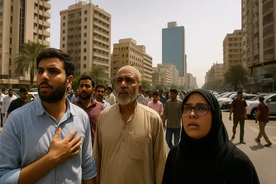 A high-resolution photograph showing Karachi residents evacuating buildings after mild earthquake tremors in May 2025