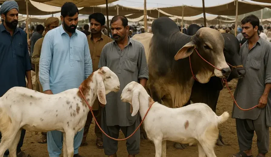 A bustling livestock market in Pakistan showing buyers inspecting goats and bulls ahead of Eid ul Adha 2025, reflecting high sacrificial animal prices
