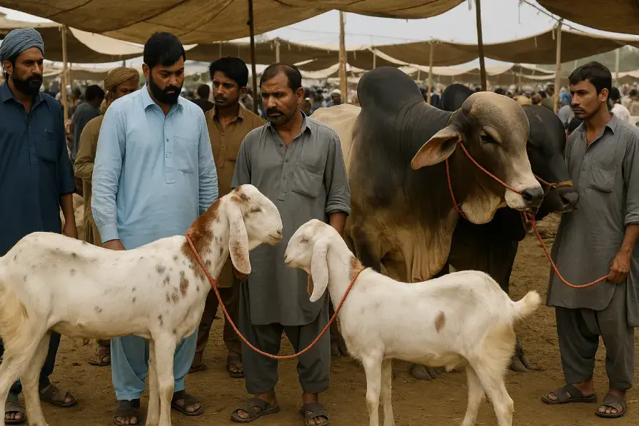 A bustling livestock market in Pakistan showing buyers inspecting goats and bulls ahead of Eid ul Adha 2025, reflecting high sacrificial animal prices