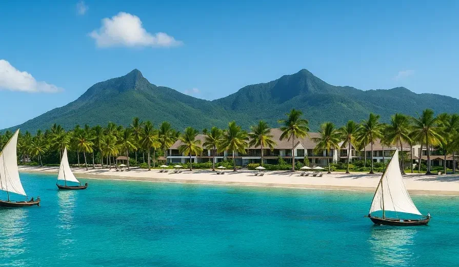 digital photograph showcases a tropical travel destination with turquoise waters, lush greenery, and scenic landscapes, ideal for Eid holiday travel from the UAE.